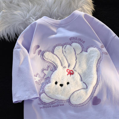 Sweet plush little rabbit pure cotton short-sleeved T-shirt for men and women, cute design sense in summer, a unique couple's beautiful top