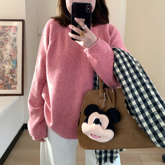 Omang桃喜 霉粉色花线圆领毛衣女秋冬氛围感宽松甜美风插肩袖线衫