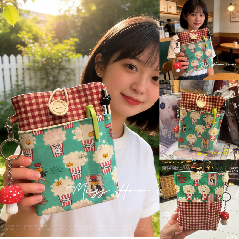 Howfun~ Japanese Imported Fabric Popcorn Plaid Color-Blocking Planner Storage Bag Protective Cover A7