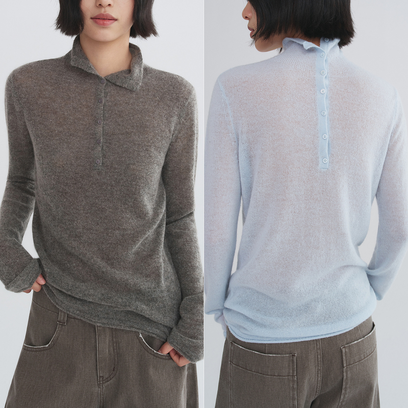 Urelax Semi-Sheer Alpaca Wool Yarn Vintage Money-Style Minimalist Rolled-Edge Multi-Wear Buttoned Half-Open Placket Turtleneck Sweater