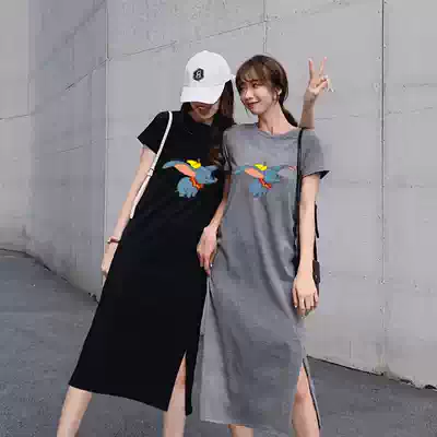 Dongdaemun 2020 Summer new medium and long version T-shirt women's split dress short sleeve casual loose over knee a long skirt