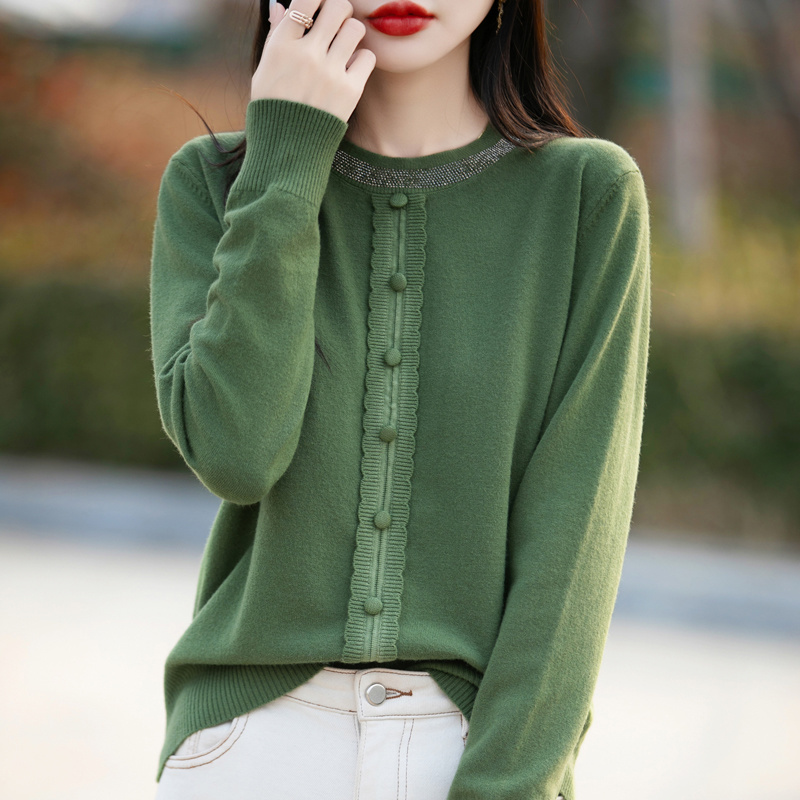 High-Quality Autumn New Round-Neck Rhinestone Loose Sweater for Women, Trendy Base Shirt N515