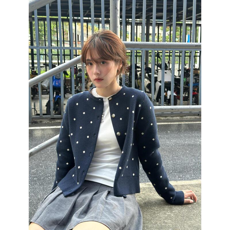 Same Old Navy Blue New Retro Polka Dot All-Over Print Sweater Knitted Cardigan Women's Jacket Versatile Slimming Top
