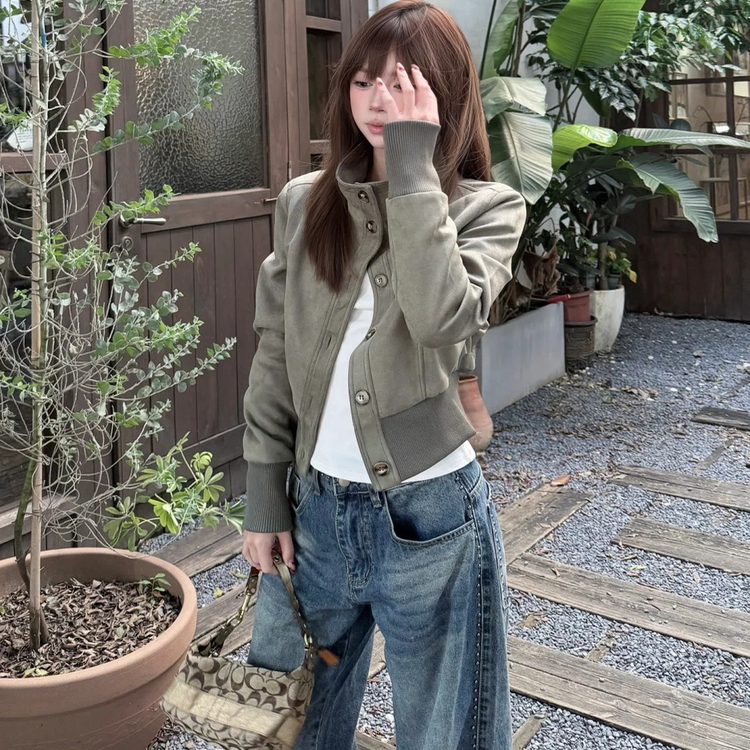 Original Short Stand-Up Collar Suede Texture Jacket for Women, New Autumn Product, Waist-Cinching and Slimming Design Jacket Original Short Stand-Up Collar Suede Texture Jacket for Women, New Autumn Product, Waist-Cinching and Slimming Design Jacket