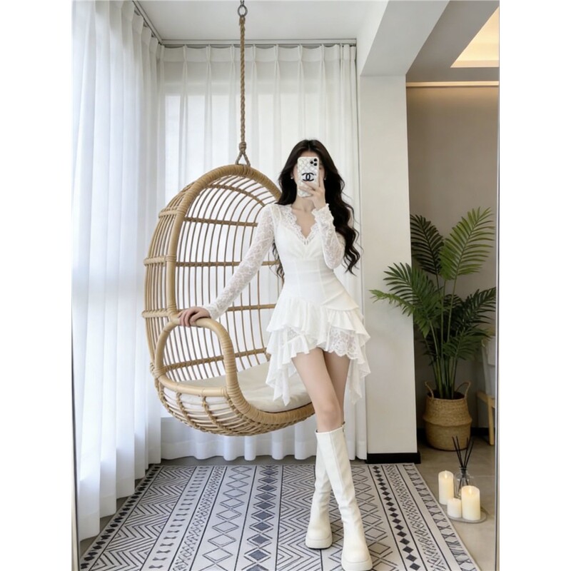 Korean-Style Lace Long-Sleeve Dress for Women, 2026 Spring New Model, Elegant Waist-Cinching, Figure-Flattering, Sexy and Alluring Style Korean-Style Lace Long-Sleeve Dress for Women, 2026 Spring New Model, Elegant Waist-Cinching, Figure-Flattering, Sexy and Alluring Style