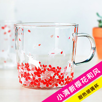 Hipster heat-resistant glass water Cup Japanese and Korean style office tea cup cute girl color cherry blossom pattern Milk Cup