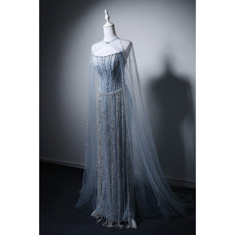 Heavy Sequin Tassel Shawl Light Blue Fishtail Dress for Women, New Wedding Toast Dress, Light Luxury Banquet Elegant Long Dress Heavy Sequin Tassel Shawl Light Blue Fishtail Dress for Women, New Wedding Toast Dress, Light Luxury Banquet Elegant Long Dress