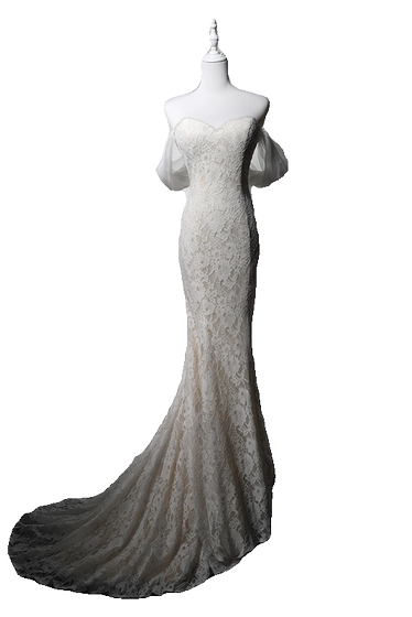 MISSQIAN 一字肩简约蕾丝鱼尾裙白色新娘结订婚敬酒服轻婚纱旅拍