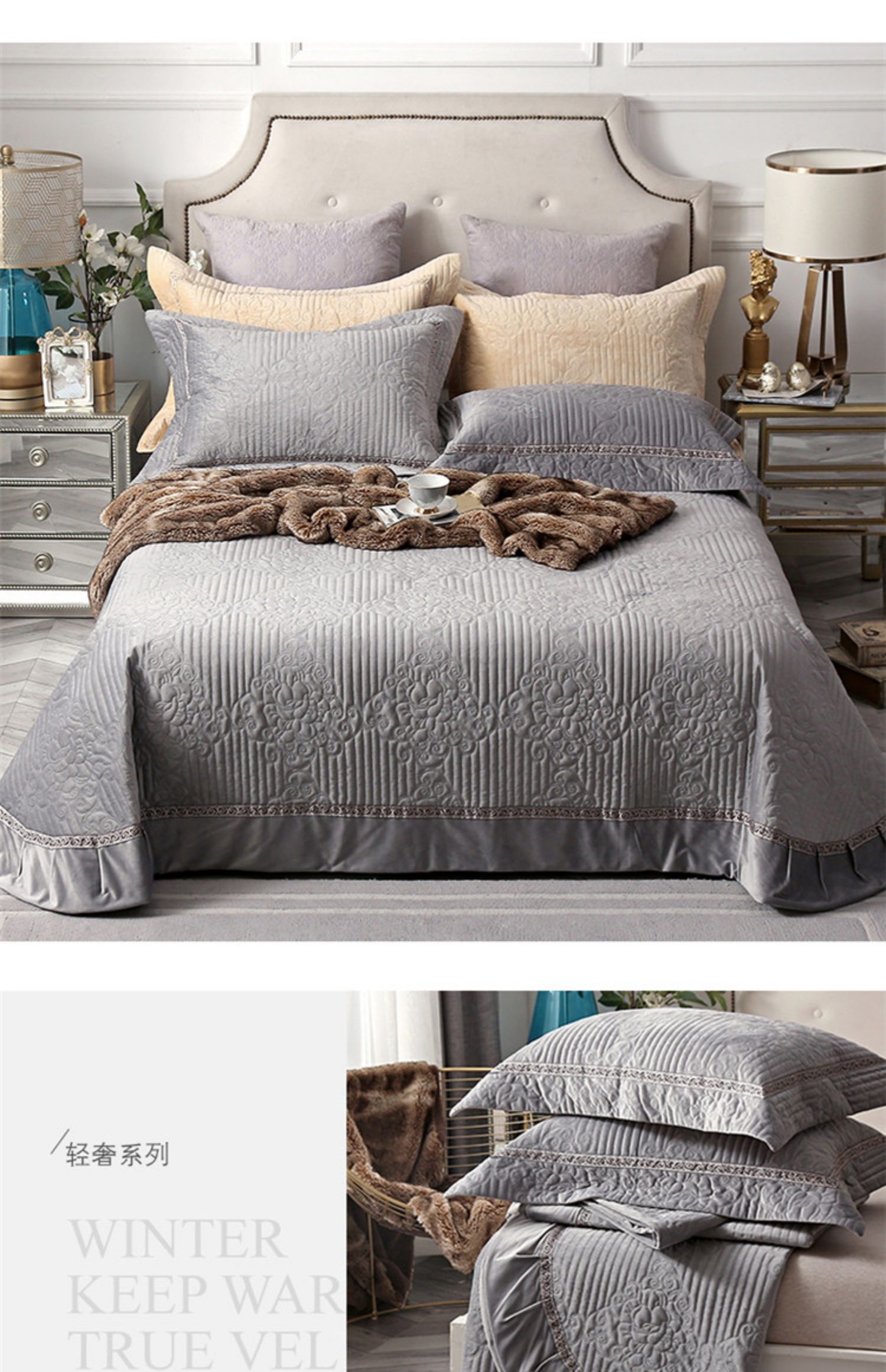 Hàn Quốc nhung vàng ba mảnh bìa giường sang trọng bông châu Âu bedspread bông đơn giản kẹp sang trọng ngắn Lei Sifei bên - Trải giường thảm nhung trải giường