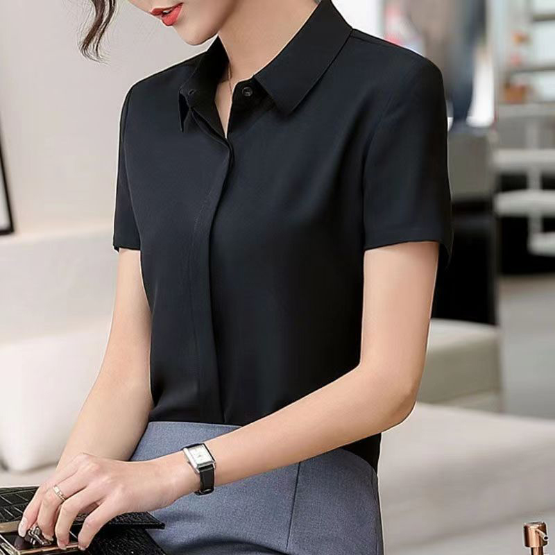 Black Shirt for Women, Summer Short-Sleeved Business Attire, Korean Style, Slim Fit, Versatile, Plus Size Workwear, Student Chiffon White Shirt Top