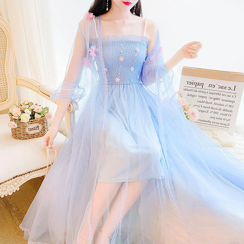 Super Fairy Two-Piece Suit Dress for Women, Summer Long Sun Protection Cardigan + Three-Dimensional Floral Suspender Mesh Dress