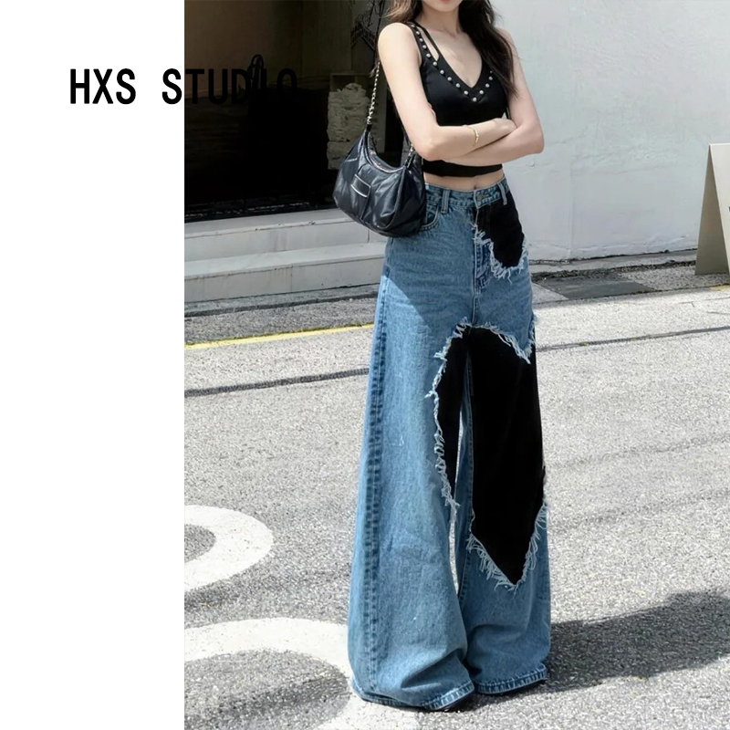 American Retro Frayed Hem Heart Straight-Leg Jeans for Women, 2026 Summer New Design Wide-Leg Pants