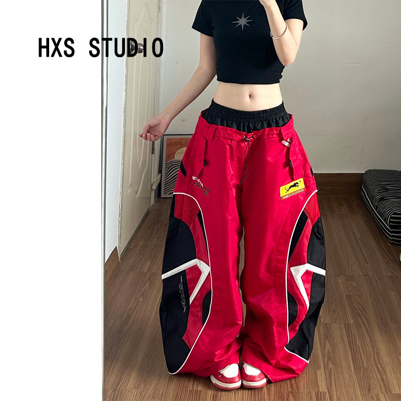 Sports Deconstructed Patchwork Color-Block Casual Pants Women's 2026 Autumn New Double Waistband Racing Pants Wide-Leg Pants