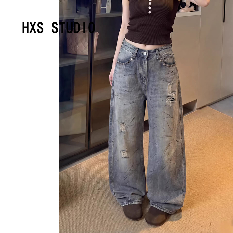 Vintage-Inspired Distressed Scimitar Jeans for Women, 2026 Summer New Style, Ripped, Loose, Slimming Long Pants