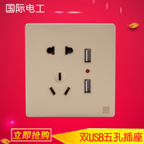 International electrician double USB five-hole socket two-position usb mobile phone charging power household 86 type dark champagne gold
