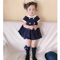 ins xia new section girl navy wind suit female baby knit short sleeve turned collar doll shirt shorts two sets cotton