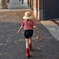 21 Summer New Childrens Knitted Blouse Female Cotton Plaid Thin T-shirt Bow Belt Short Sleeve Knit