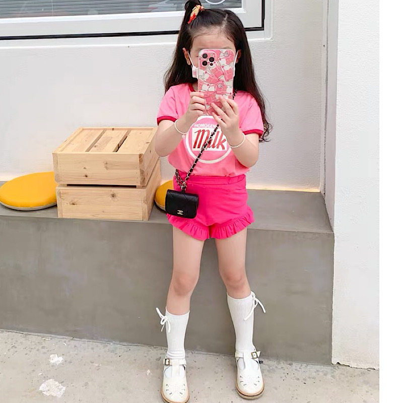 MKIDS summer ins girl pink bubble girl suit children Korean short-sleeved T-shirt retro top Western style