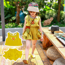 21 summer girls linen set baby embroidery vest thin breathable ruffle shorts flower braces two-piece set