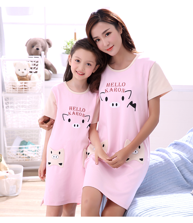 Pyjamas cô gái nightdress cotton ngắn tay mùa hè mẹ và con gái cha mẹ và con mặc trẻ em mùa hè trẻ em lớn trẻ em nhà dịch vụ mùa xuân đồ bộ pijama