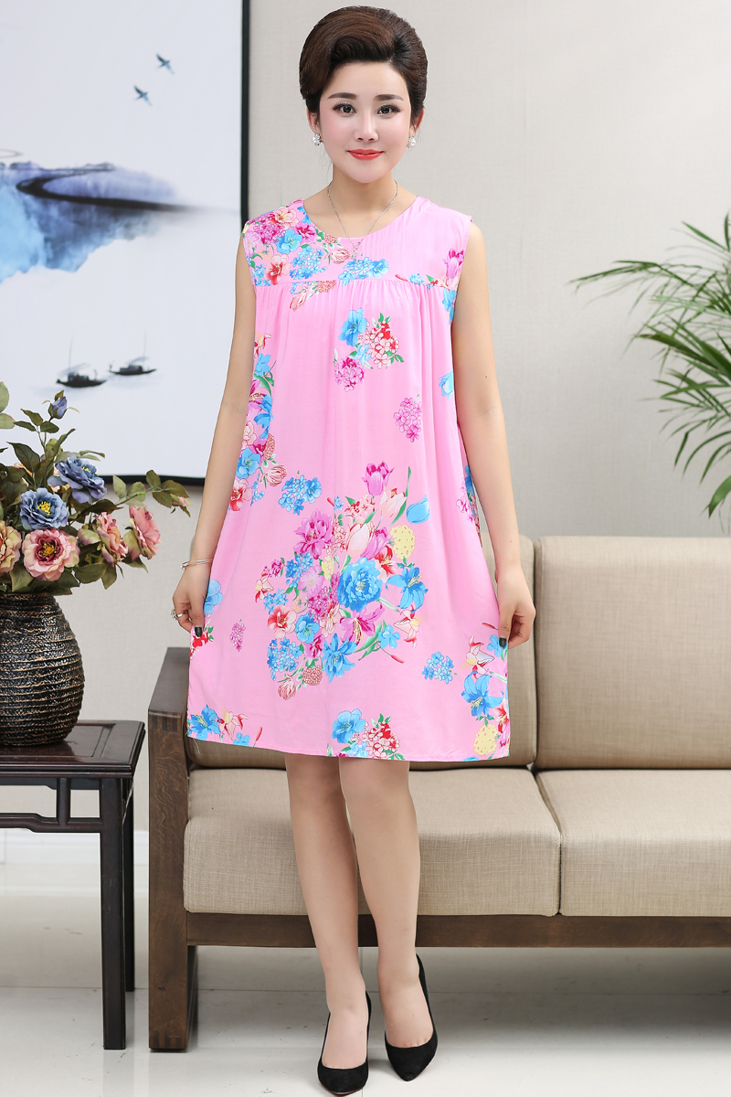 Phụ nữ trung niên của mùa hè váy nữ mùa hè bông lụa mỏng trung niên mẹ kích thước lớn không tay cũ nhân tạo bông váy áo kiểu trung niên u40