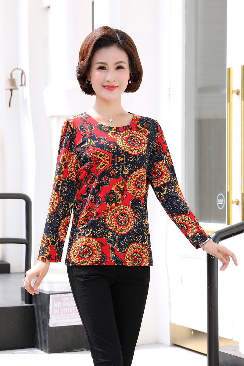 Phụ nữ trung niên mặc mùa thu bên ngoài bà mẹ mới trung niên áo hoa nhỏ tay dài áo thun nữ mùa xuân và áo mùa thu áo kiểu trung niên sang trọng