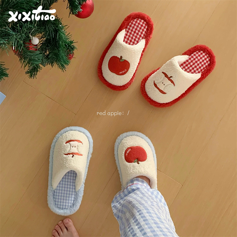 Cute Red Apple Cotton Slippers for Women, Winter Fluffy Shoes with a Girly Touch, Non-Slip Indoor Floor Shoes, Maternity Shoes