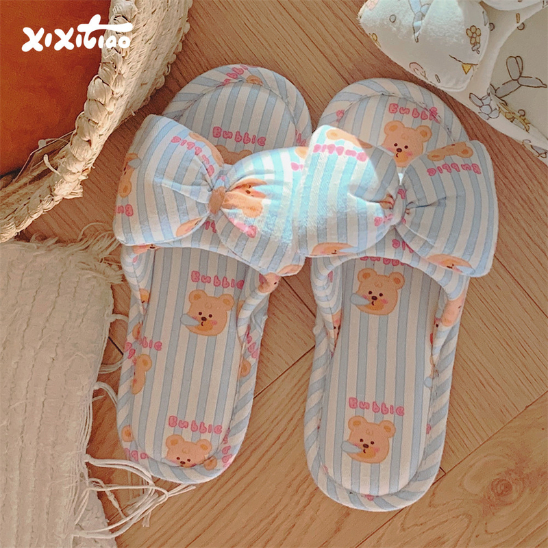 Thin Straps Girly Bowknot Bedroom Home Floor Slippers for Women Cute Bear Comfortable Sweat-Absorbing Cotton Linen Slippers