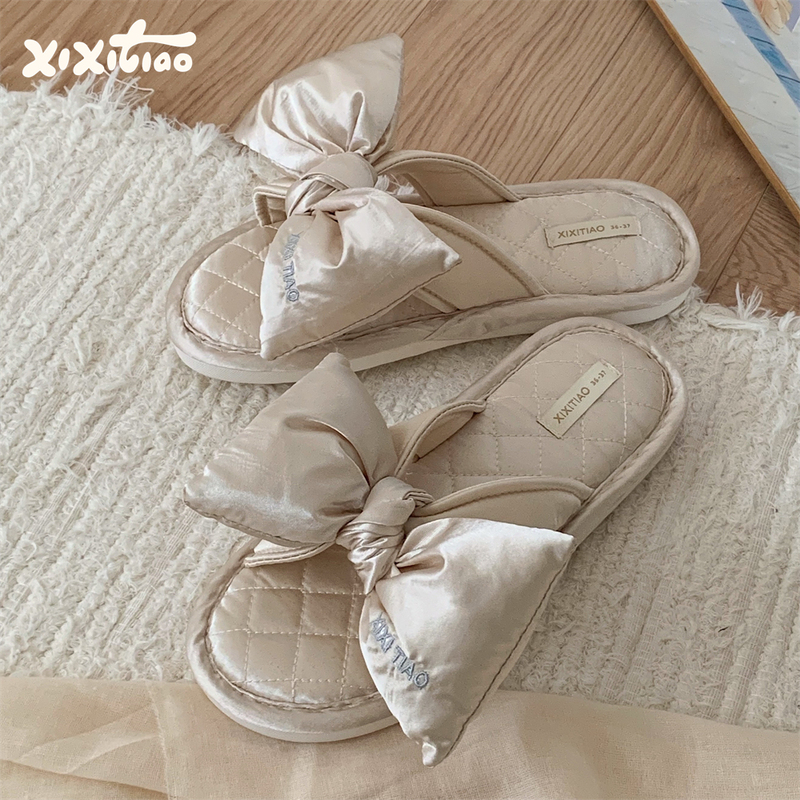 Thin Strap Luxury Bowknot Cotton and Linen Slippers for Women, Suitable for All Seasons, High-End Bowknot Silk Slippers