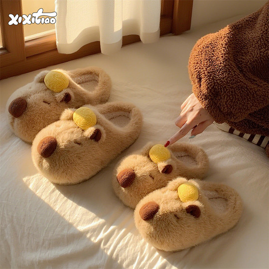 Thin strips parent-child cute capybara cotton slippers for women winter ins gold ingot capibala furry shoes for boys and girls