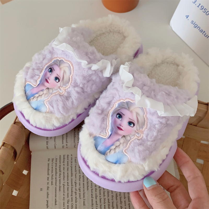 Thin Straps Cute Elsa Princess Children's Furry Slippers for Girls, Baby Home Genuine Cute Cotton Slippers for Winter