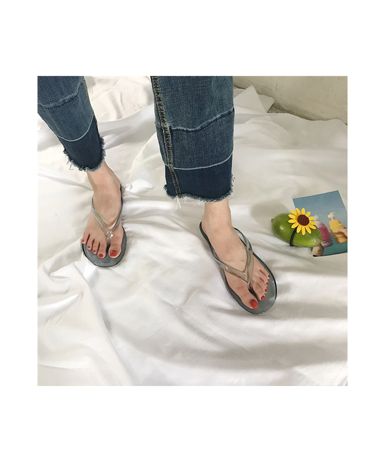 Hàn quốc ulzzang dép trong suốt nữ sinh viên mùa hè hoang dã đáy phẳng clip toe mỏng ban nhạc flip flops pha lê dép