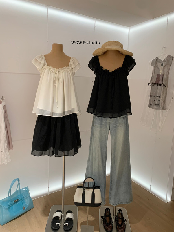 【Wgwe】Korean Style Loose-Fitting Fly-Sleeve Slimming Top Versatile Pullover Short-Sleeve Shirt 【Wgwe】Korean Style Loose-Fitting Fly-Sleeve Slimming Top Versatile Pullover Short-Sleeve Shirt