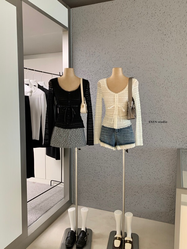 【Enen】French Lace Patchwork Tie-Up Round Neck Waist-Cinching Design Niche Long-Sleeve Shirt Top 【Enen】French Lace Patchwork Tie-Up Round Neck Waist-Cinching Design Niche Long-Sleeve Shirt Top