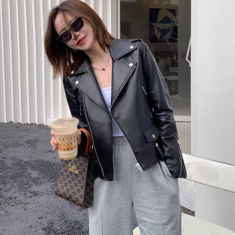 2025 Haining Spring and Autumn New Short Leather Jacket Black Turn-Down Collar Slim Fit Biker Korean Style Slimming Coat for Women