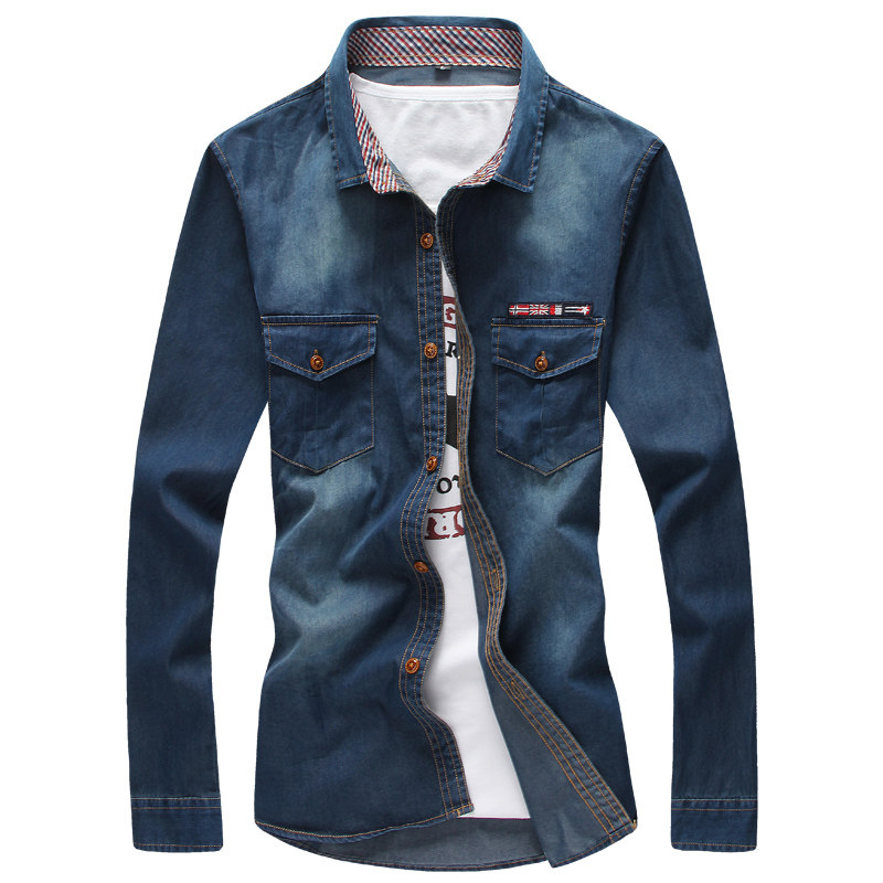 Men's autumn men's casual dark blue personality British style youth Denim shirt Long sleeve work men's jacket shirt