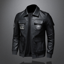 2021 Spring and Autumn new military style pilot leather jacket coat mens large size slim lapel embroidery mens leather clothing