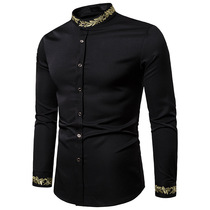 Loose personality mens fashion inch shirt European and American table performance style shirt pattern embroidery small stand collar long sleeve shirt