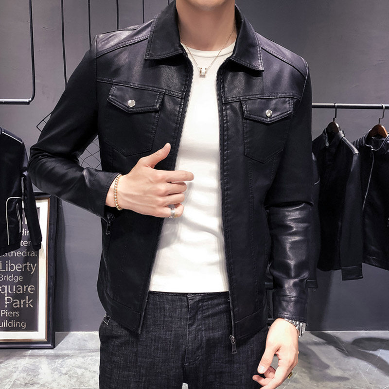 2022 Chunqiu Men's turnover Locomotive Leather Jacket Youth Jacket Multiple Pockets Pure Color Black Imitation Leather Clothes Men