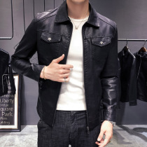 2022 Chunqiu Mens turnover Locomotive Leather Jacket Youth Jacket Multiple Pockets Pure Color Black Imitation Leather Clothes Men