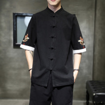 Summer clothing Loose Fat People Sub Pan Button Shirt China Wind Personality 50% Short Sleeve Dragon Embroidery Mid Youth Men Lining Clothes