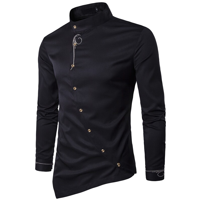 Thin loose spring shirt fashion solid color oblique button gentleman men's stand-up collar personality long-sleeved performance black shirt