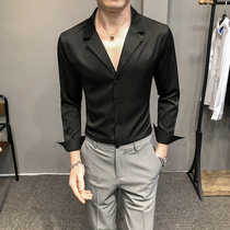 21 spring mens long sleeve shirt solid color suit collar slim shirt Youth Business Casual Top Four Seasons tooling