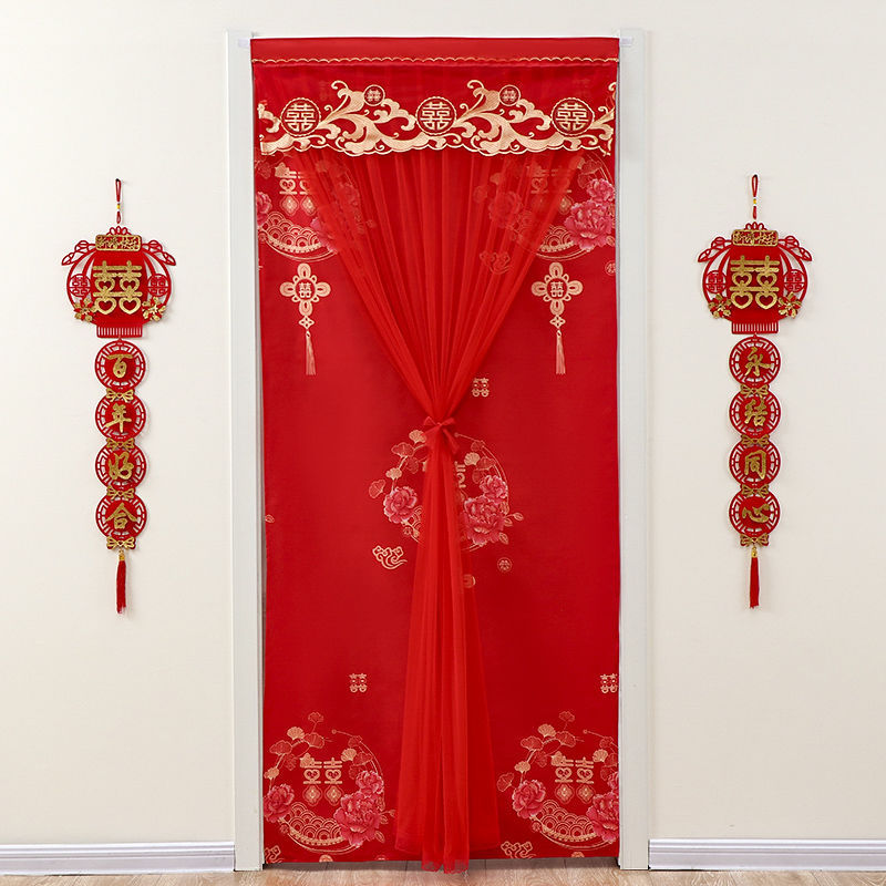 Wedding Red Gauze Curtain Home Punch-Free Lace Fabric Door Curtain New Bedroom Kitchen Partition Decorative Hanging Curtain