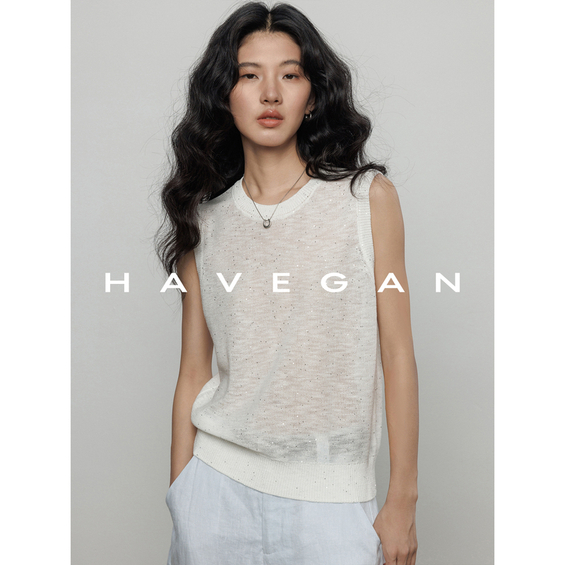 Havegan/Summer Round-Neck Sleeveless Knitted Vest for Women with Sequins, Relaxed Old Money Style Casual Top Havegan/Summer Round-Neck Sleeveless Knitted Vest for Women with Sequins, Relaxed Old Money Style Casual Top