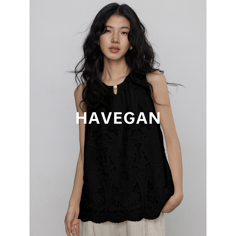 Havegan/Tencel French-Style Round-Neck Shirt Vest for Women with Hollow-Out Design, Old Money Vacation Lace Top Havegan/Tencel French-Style Round-Neck Shirt Vest for Women with Hollow-Out Design, Old Money Vacation Lace Top