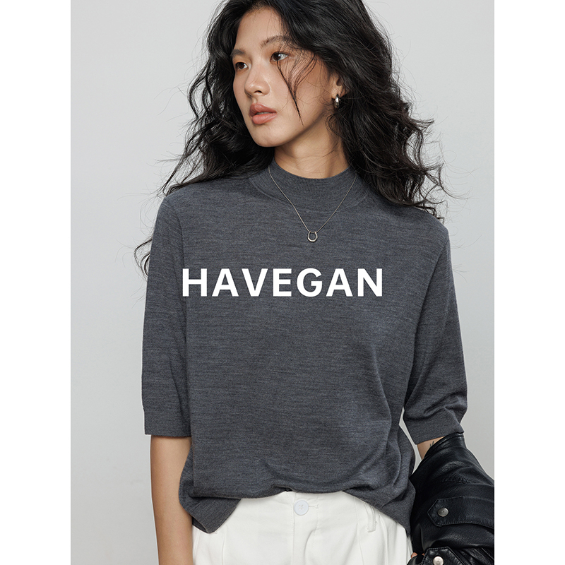 Havegan/Autumn 100% Merino Wool Knitted Sweater for Women with Mid-Sleeves and Soft Semi-High Collar