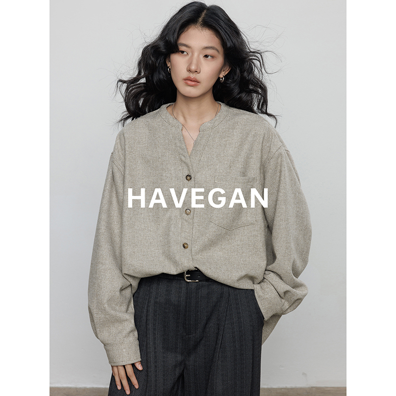 Havegan/Winter V-Neck Herringbone Wool-Blend Shirt for Women, Workwear Retro Old Money Style Casual Top