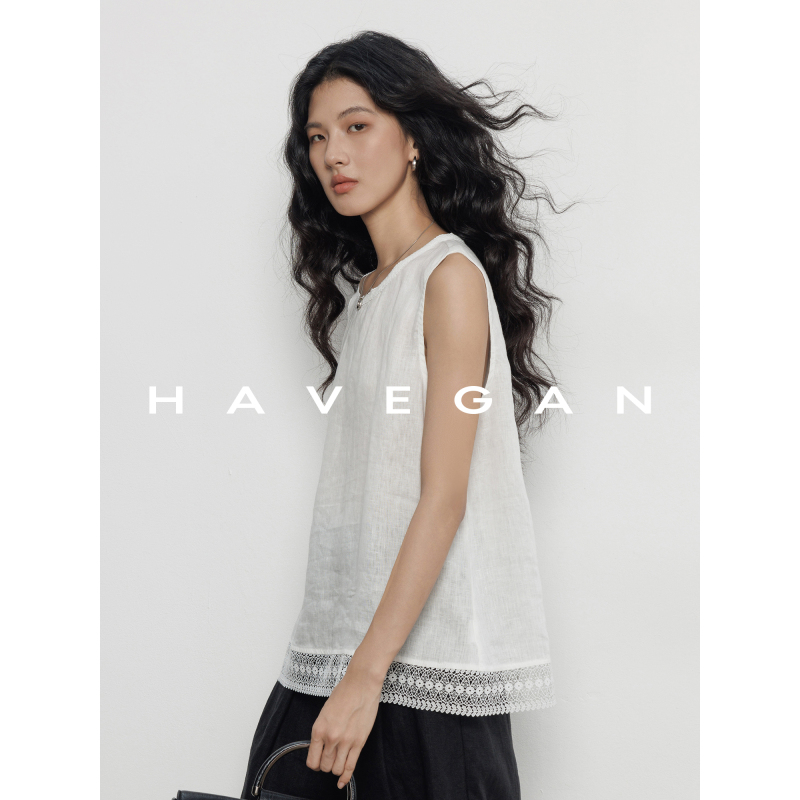 Havegan/Summer Round Neck Sleeveless 100% Ramie Shirt Vest for Women with Lace Patchwork Old Money Style Top Havegan/Summer Round Neck Sleeveless 100% Ramie Shirt Vest for Women with Lace Patchwork Old Money Style Top