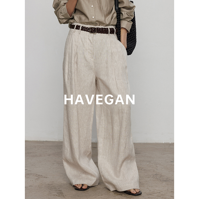 Havegan/100 Linen Summer Thin Casual Pants for Women 2026 New High-Waisted Wide-Leg Lazy Long Pants